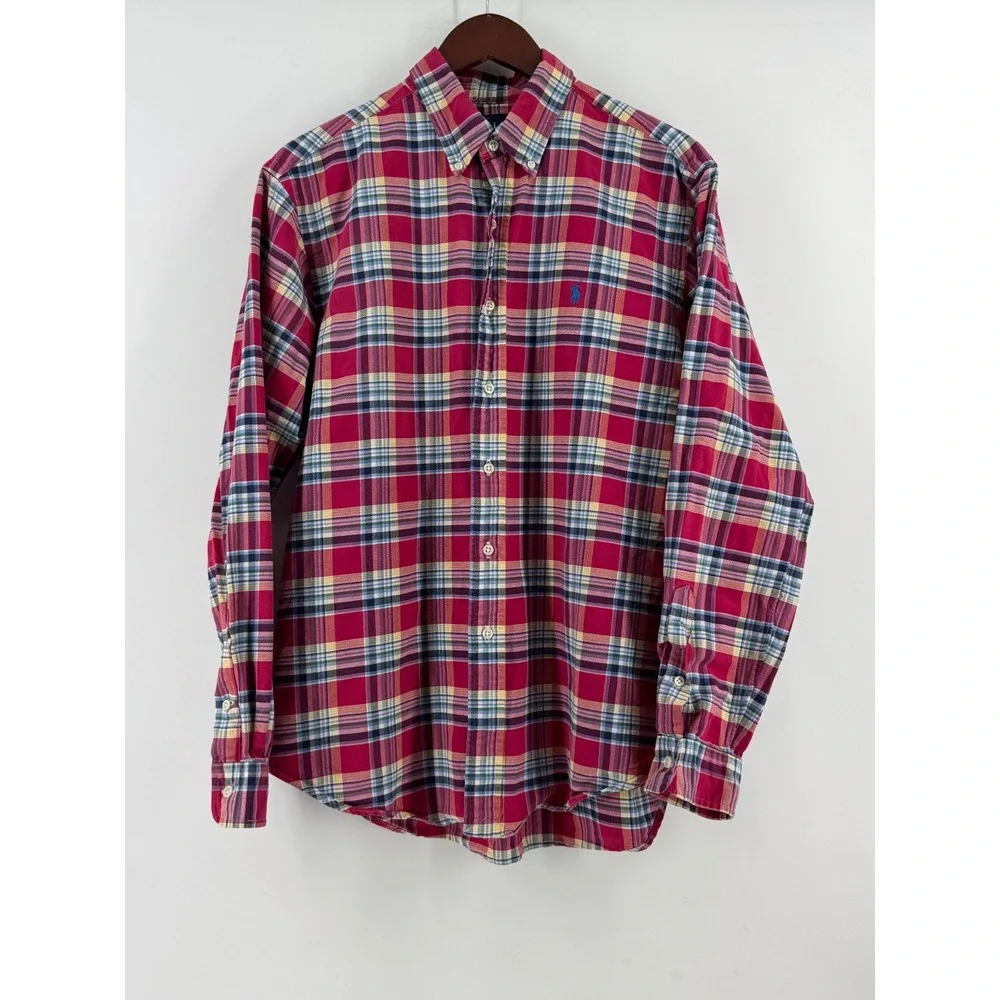 Ralph‎ Lauren Mens Classic Fit Red Plaid Cotton Button Down Shirt Large Long Slv